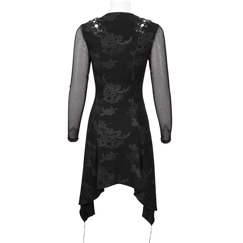 Women's Gothic Plunging Cobweb Printed Irregular Dress - Image 6