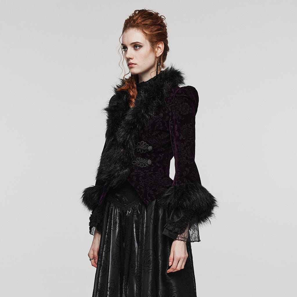 Women's Gothic Plunging Faux Fur Splice Velvet Coat - Image 14