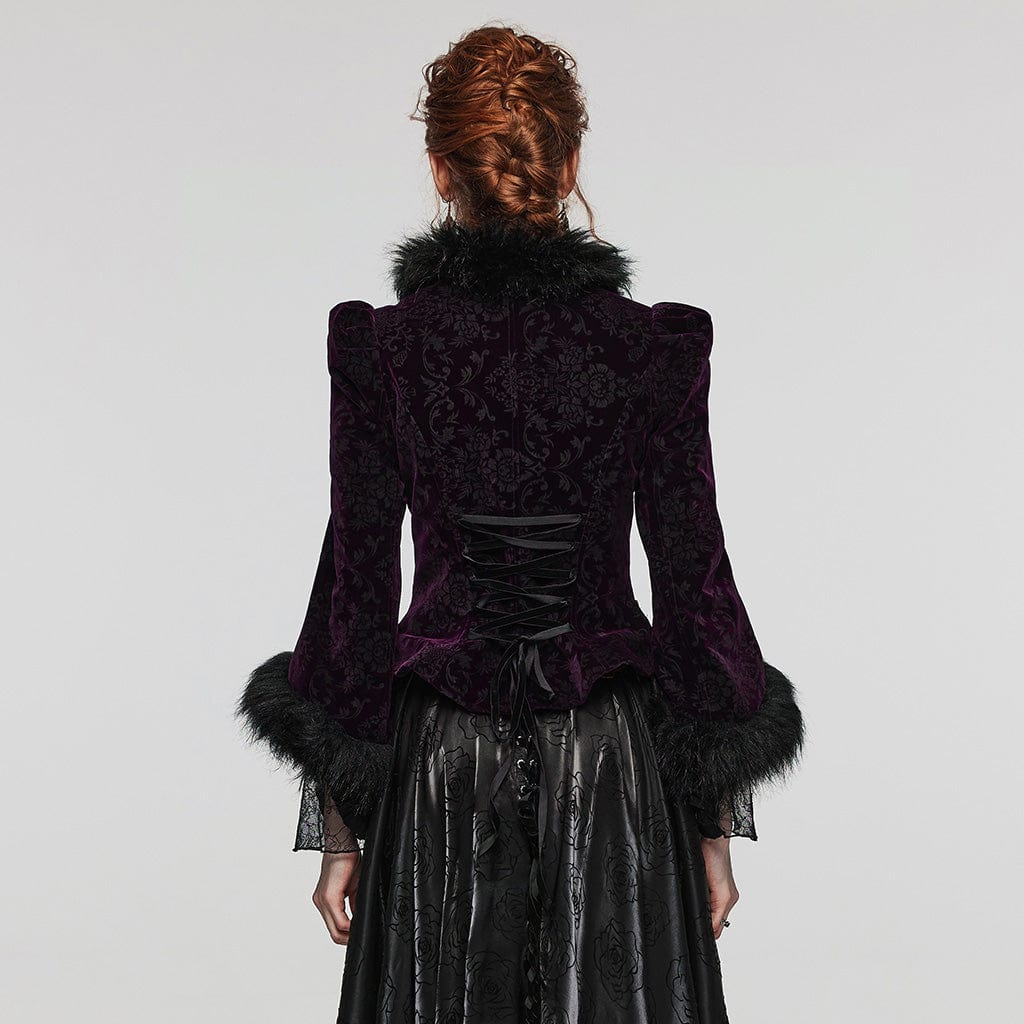 Women's Gothic Plunging Faux Fur Splice Velvet Coat - Image 15
