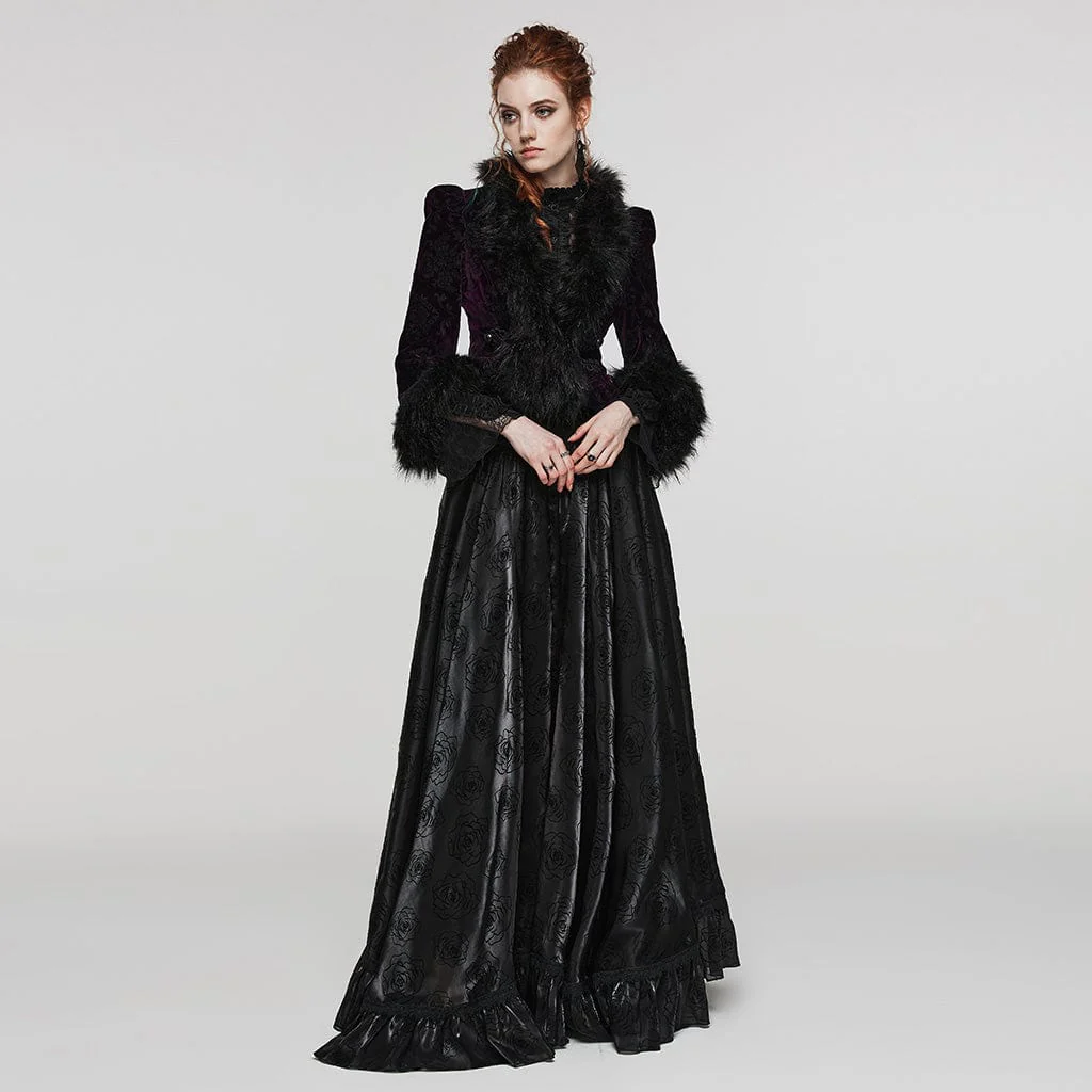 Women's Gothic Plunging Faux Fur Splice Velvet Coat - Image 16