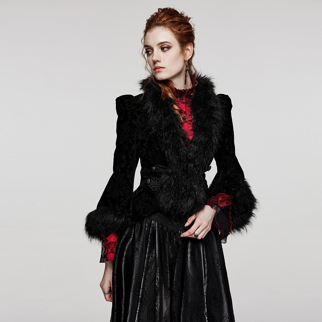 Women's Gothic Plunging Faux Fur Splice Velvet Coat - Image 2