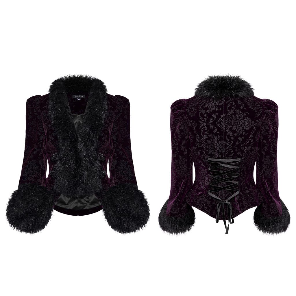 Women's Gothic Plunging Faux Fur Splice Velvet Coat - Image 20