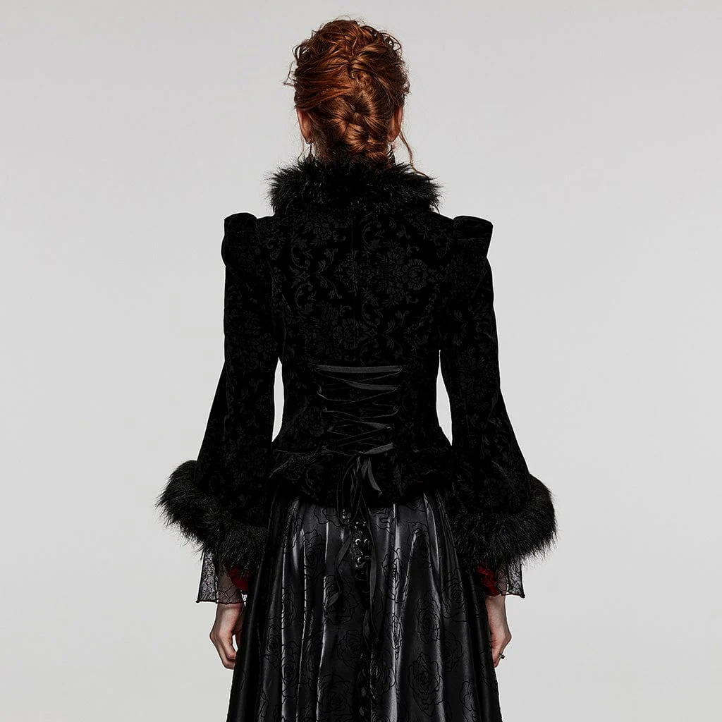 Women's Gothic Plunging Faux Fur Splice Velvet Coat - Image 3