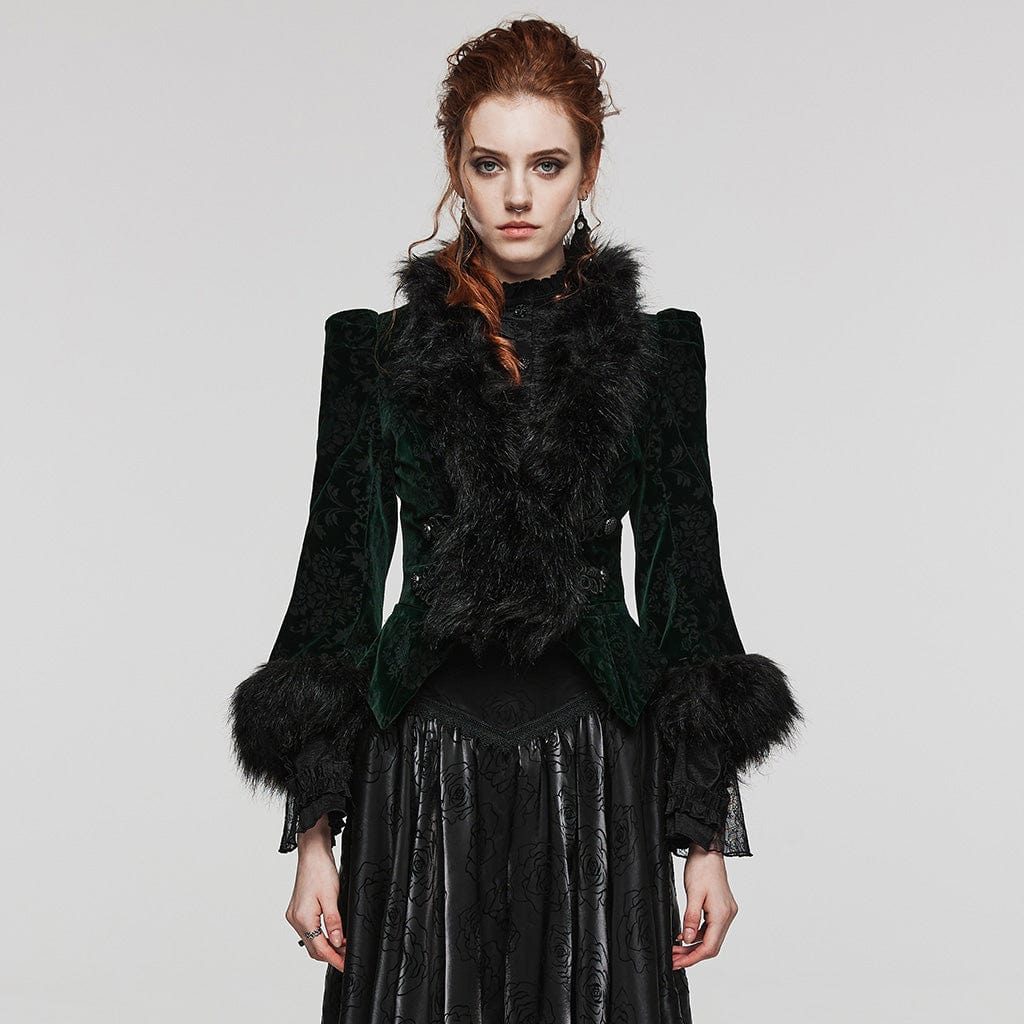 Women's Gothic Plunging Faux Fur Splice Velvet Coat