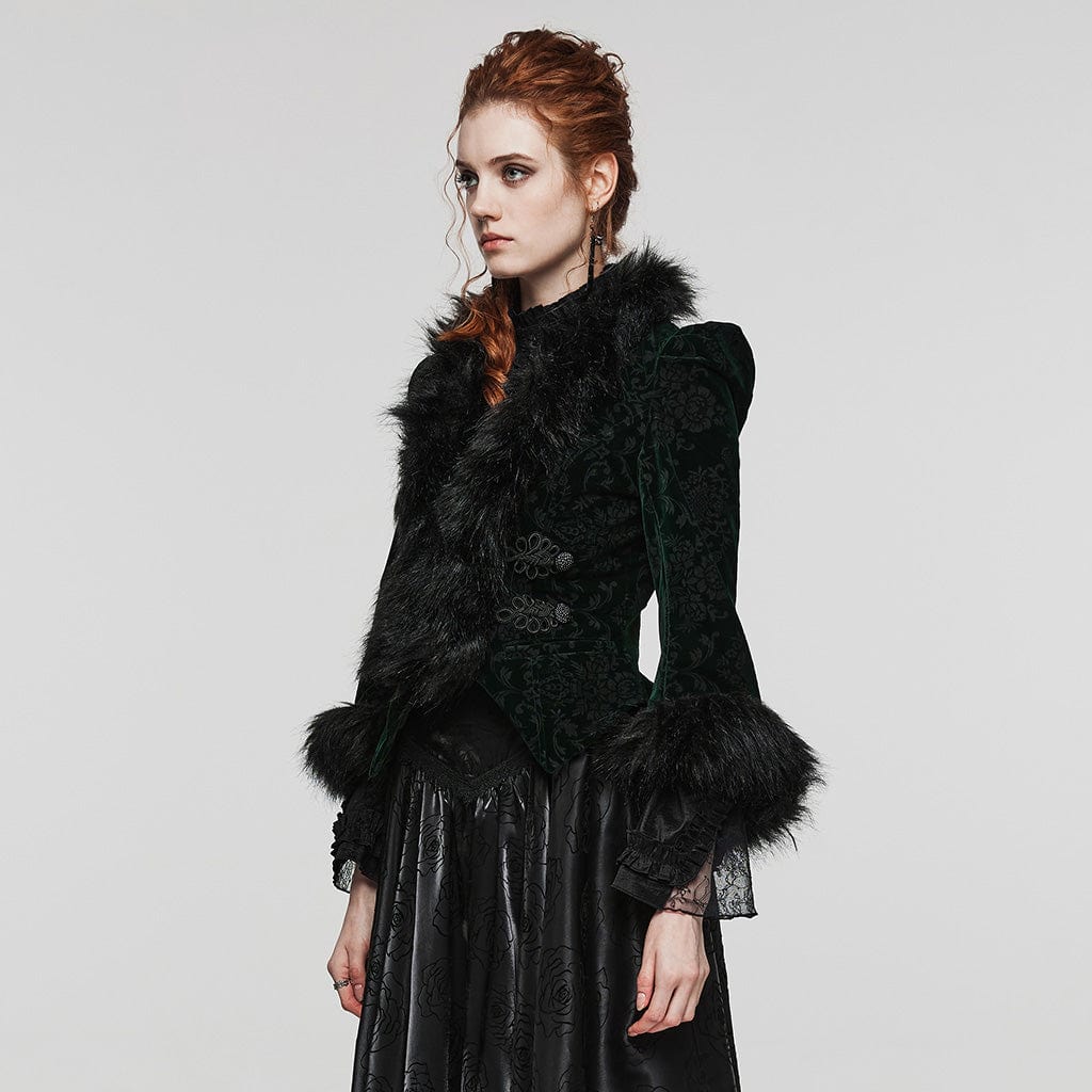 Women's Gothic Plunging Faux Fur Splice Velvet Coat - Image 2