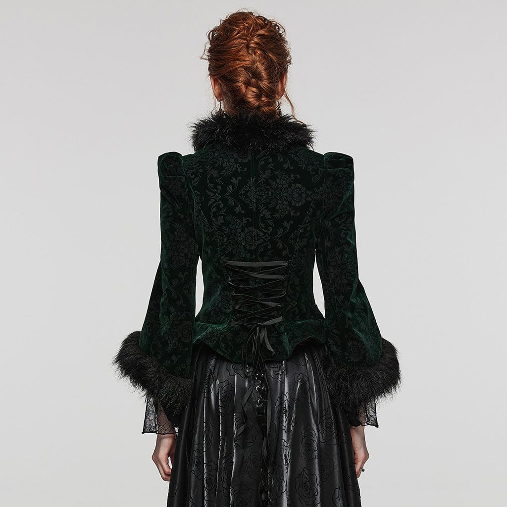 Women's Gothic Plunging Faux Fur Splice Velvet Coat - Image 3