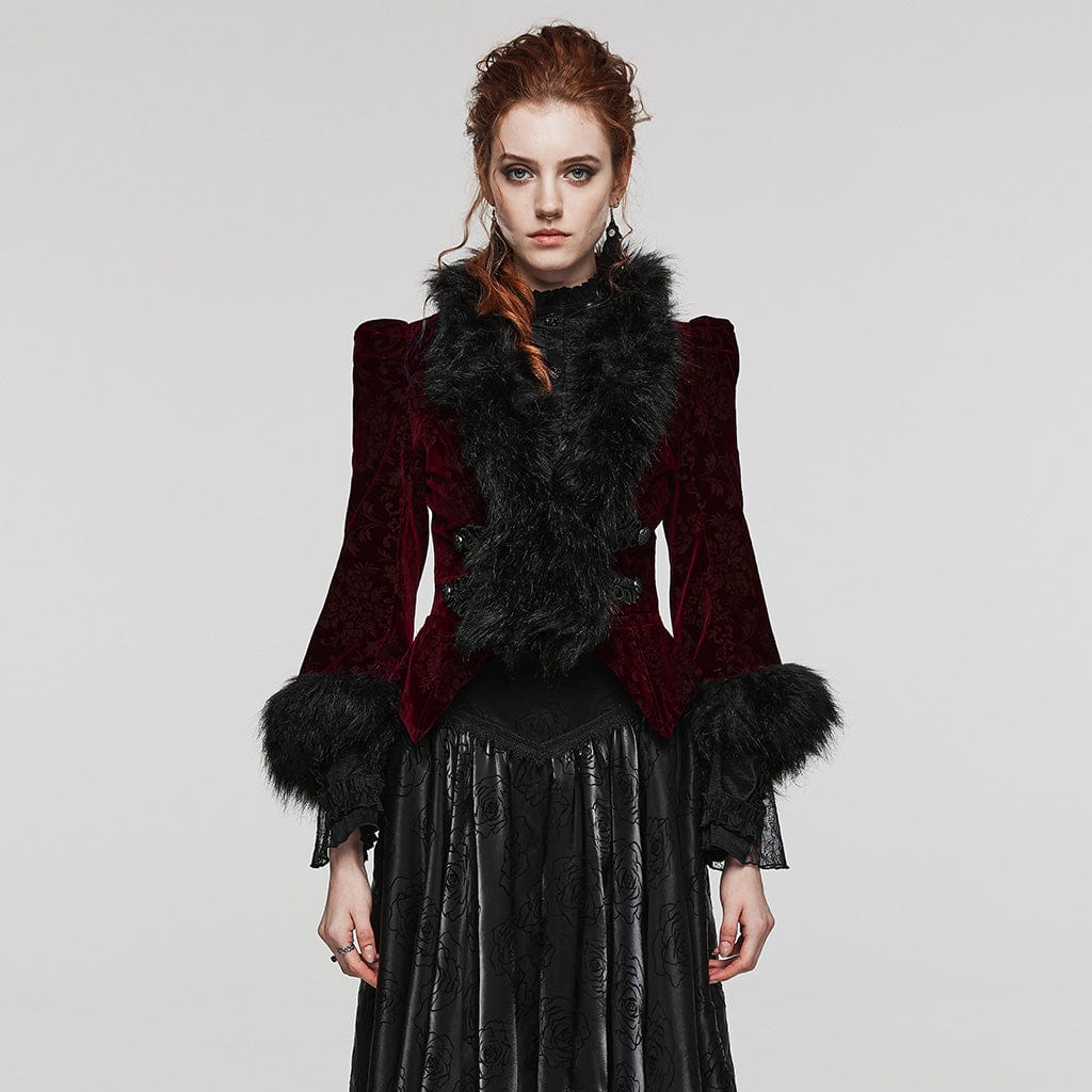 Women's Gothic Plunging Faux Fur Splice Velvet Coat - Image 4