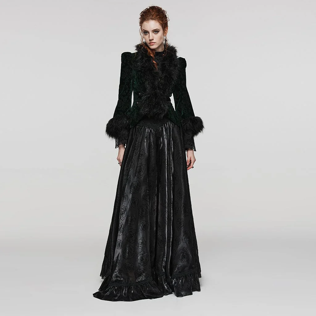 Women's Gothic Plunging Faux Fur Splice Velvet Coat - Image 5