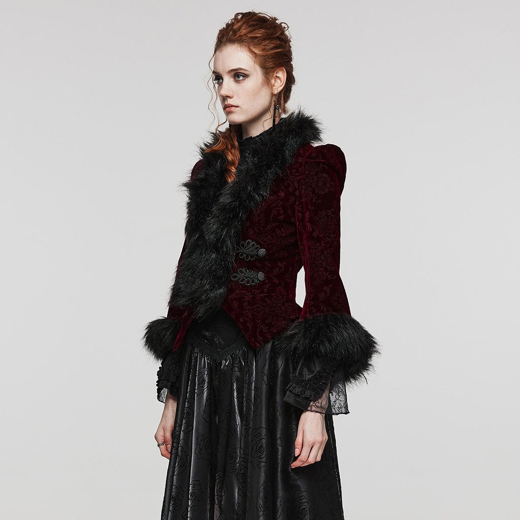 Women's Gothic Plunging Faux Fur Splice Velvet Coat - Image 6