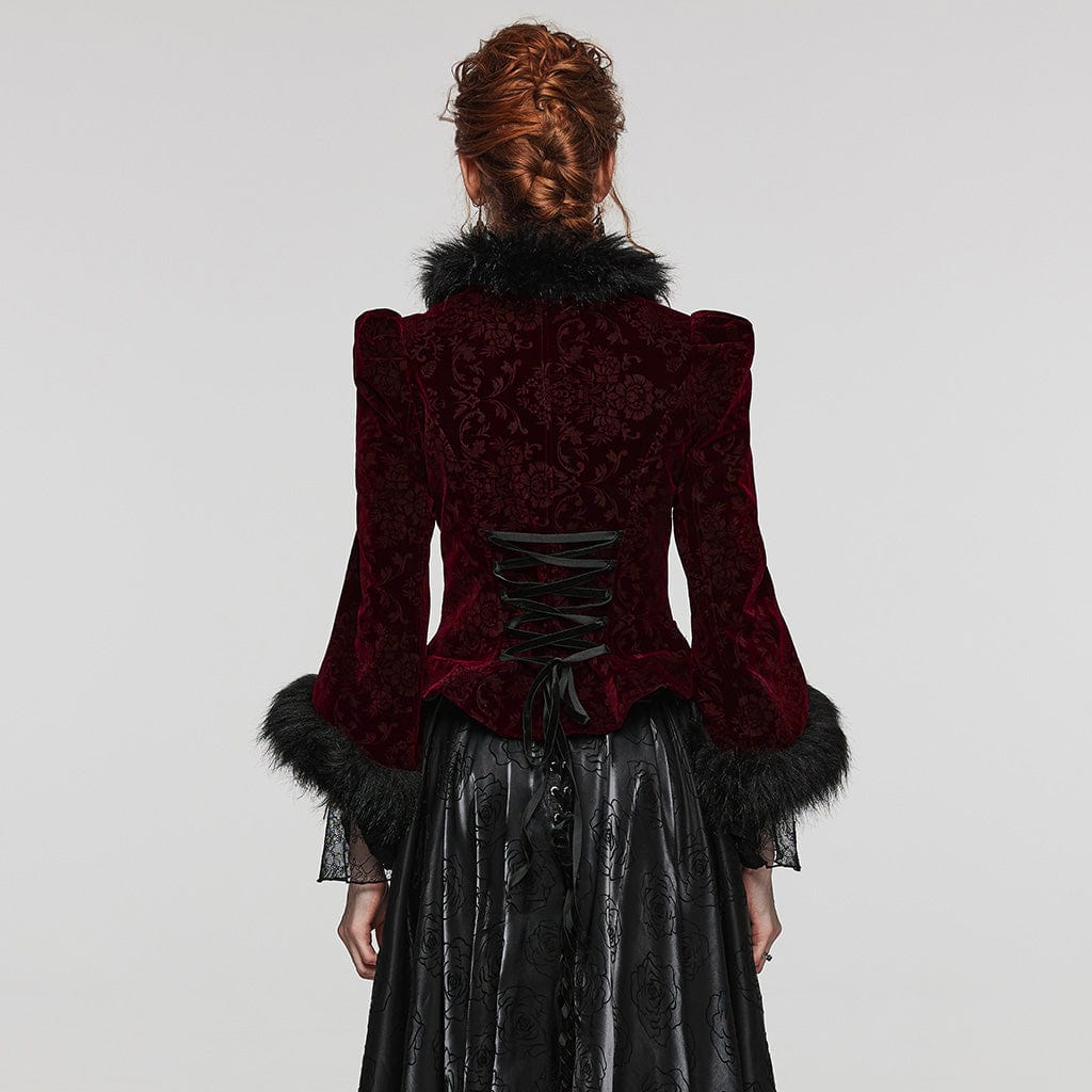 Women's Gothic Plunging Faux Fur Splice Velvet Coat - Image 7