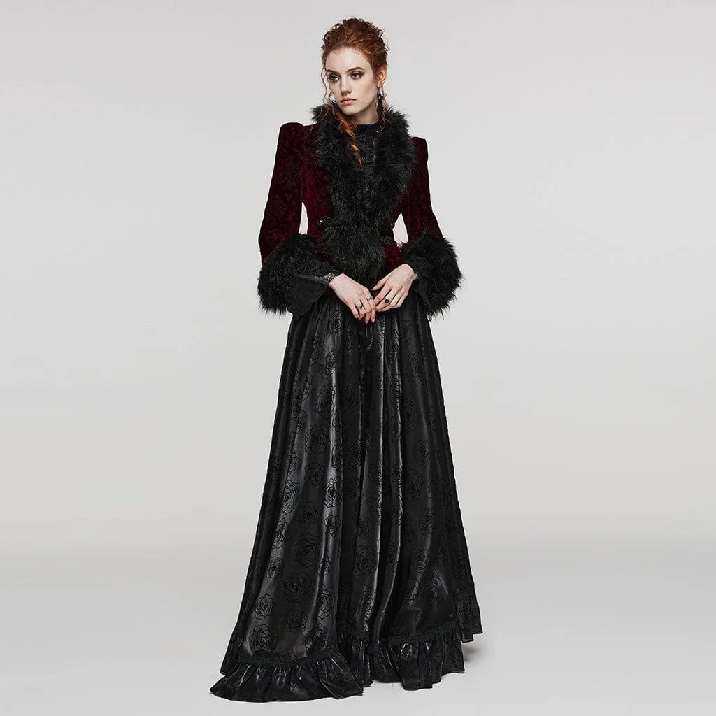 Women's Gothic Plunging Faux Fur Splice Velvet Coat - Image 8
