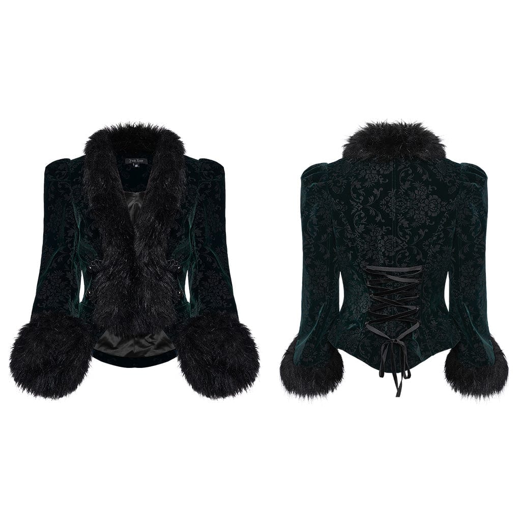 Women's Gothic Plunging Faux Fur Splice Velvet Coat - Image 9