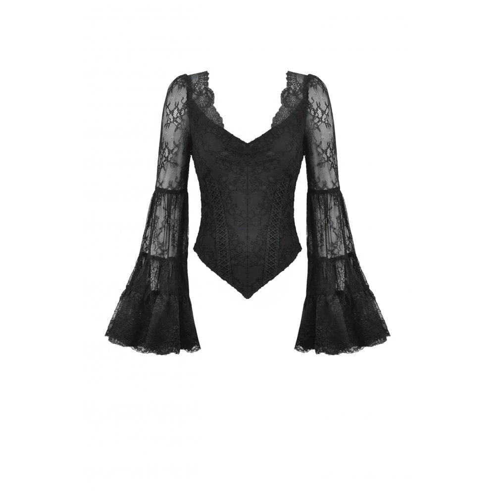 Women's Gothic Plunging Flared Sleeved Lace Shirt - Image 12