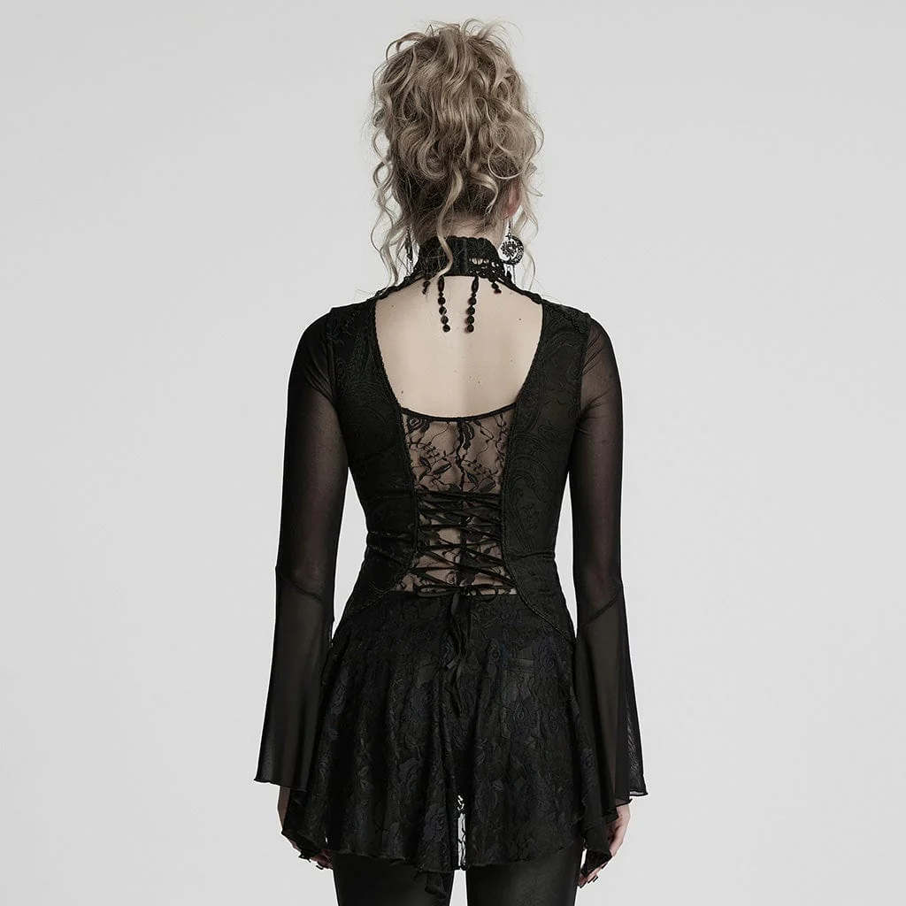 Women's Gothic Plunging Flared Sleeved Lace-up Shirt - Image 3
