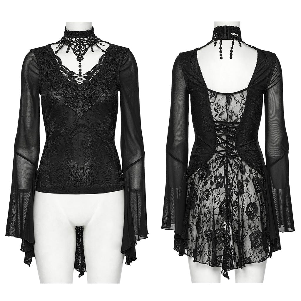 Women's Gothic Plunging Flared Sleeved Lace-up Shirt - Image 5