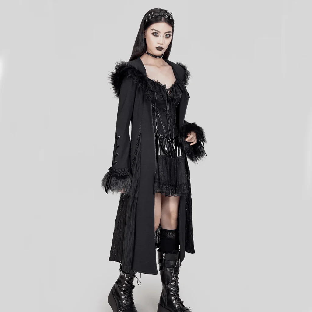 Women's Gothic Flared Sleeved Faux Fur Splice Coat with Hood - Image 3