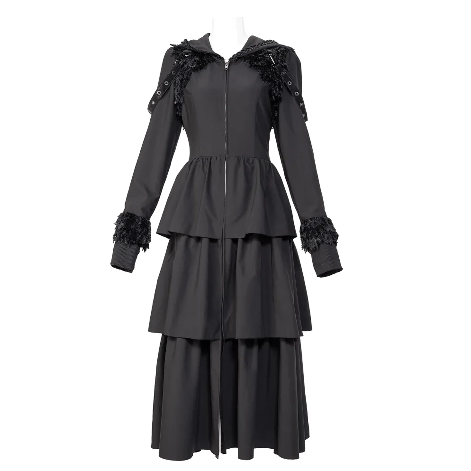 Women's Gothic Plunging Flared Sleeved Split Coat with Hood - Image 4