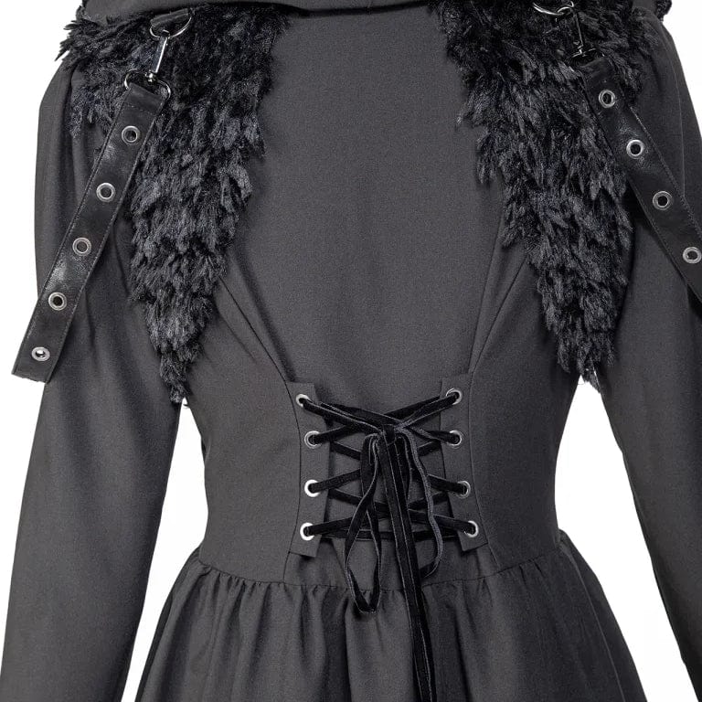 Women's Gothic Plunging Flared Sleeved Split Coat with Hood - Image 8
