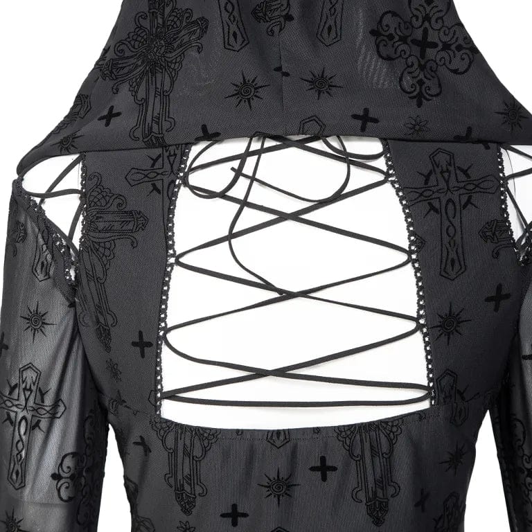 Women's Gothic Plunging Flared Sleeved Split Dress with Hood - Image 11