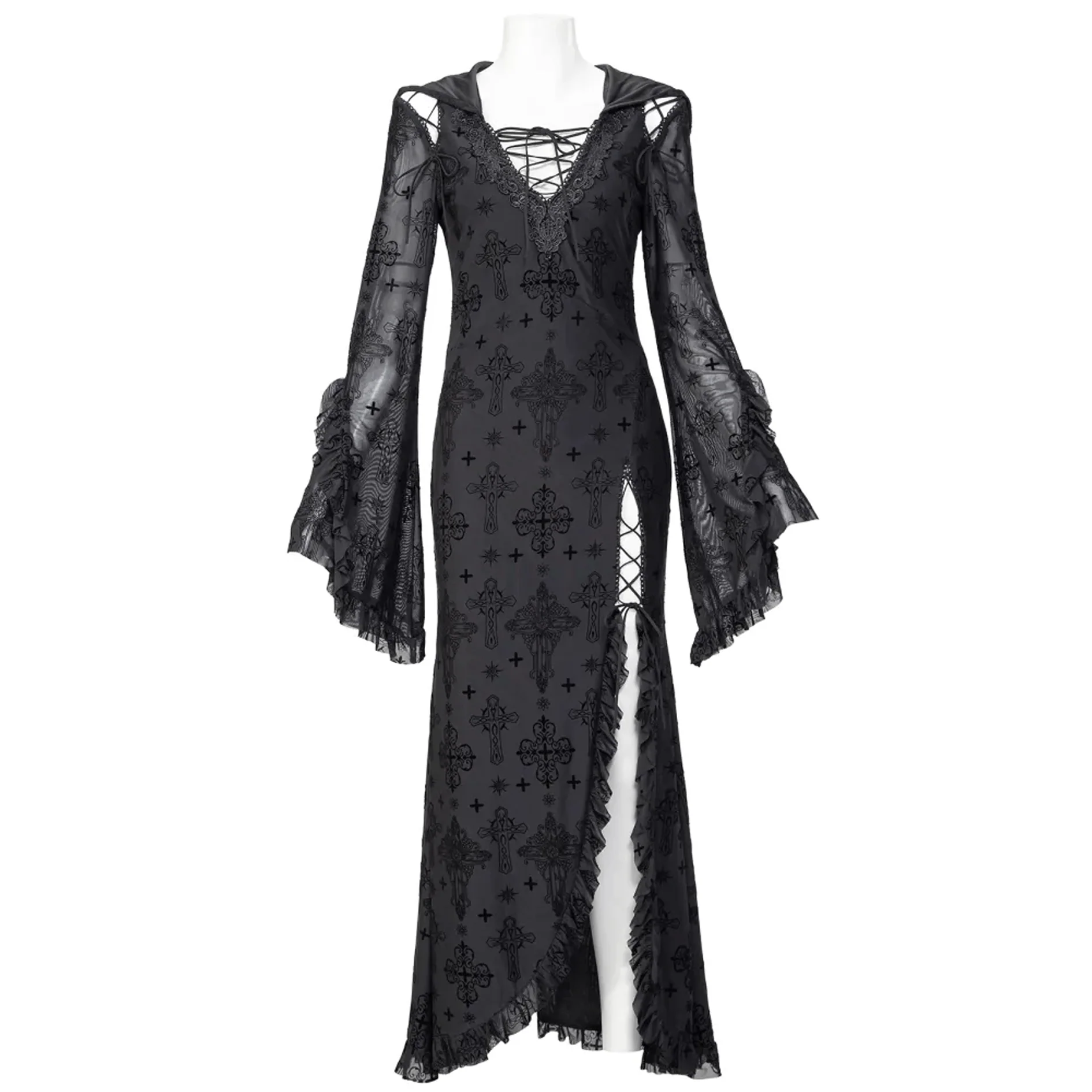Women's Gothic Plunging Flared Sleeved Split Dress with Hood - Image 5