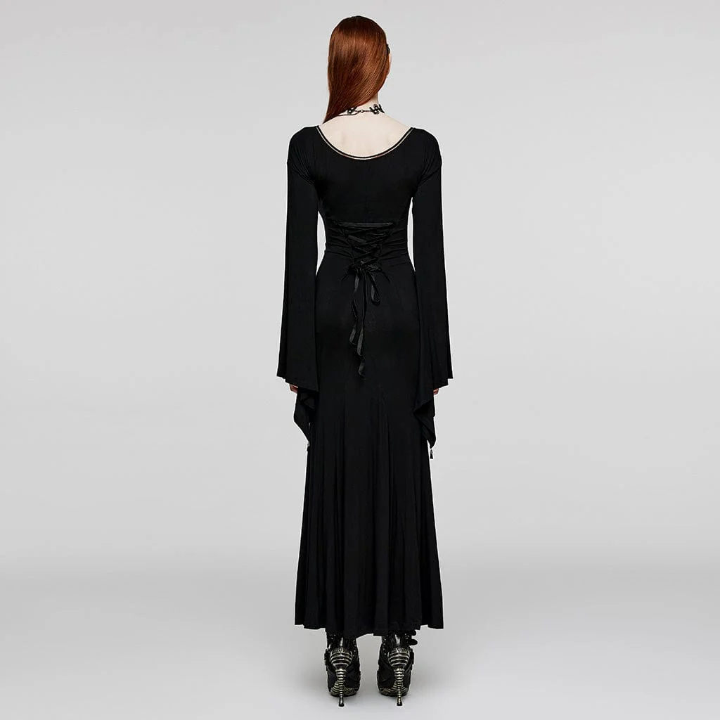 Women's Gothic Plunging Floral Embroidered Wedding Gown Dress - Image 4