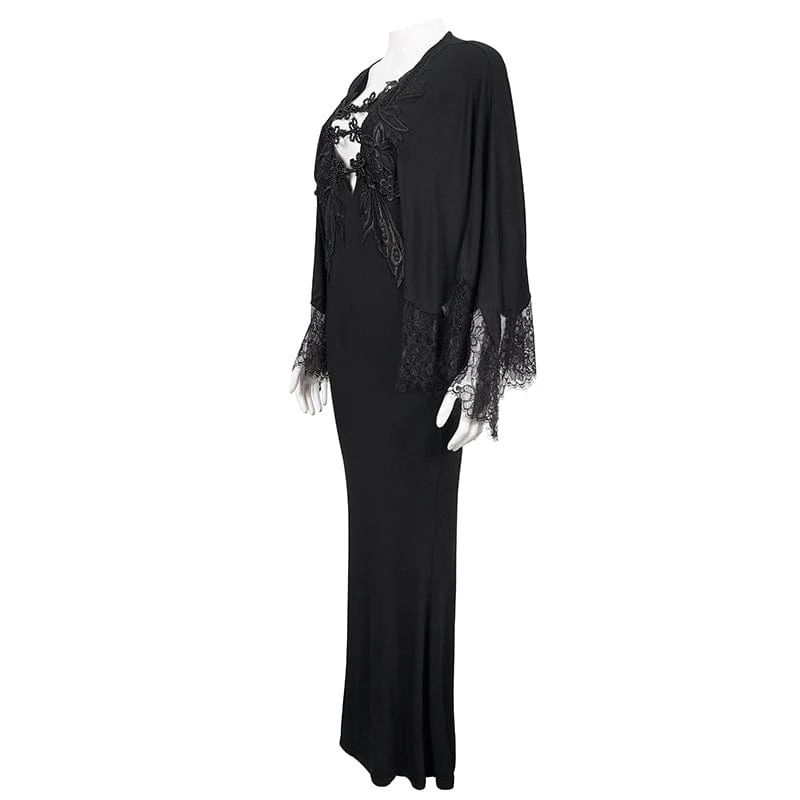 Women's Gothic Plunging Floral Embroidered Lace Splice Dress - Image 6