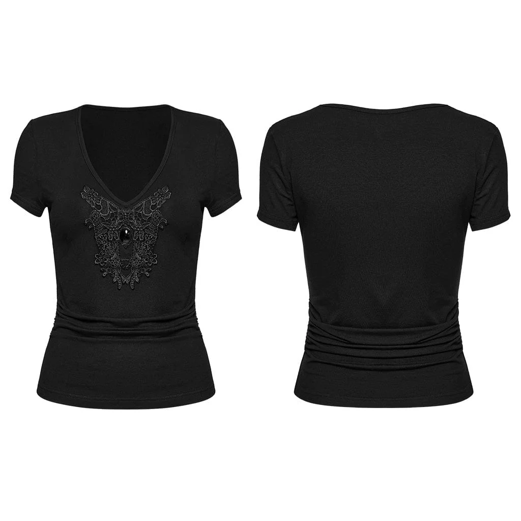 Women's Gothic Plunging Floral Embroidered T-shirt - Image 5