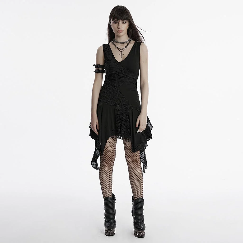 Women's Gothic Plunging Irregular Ripped Honeymoon Dress Graduation Dress Black