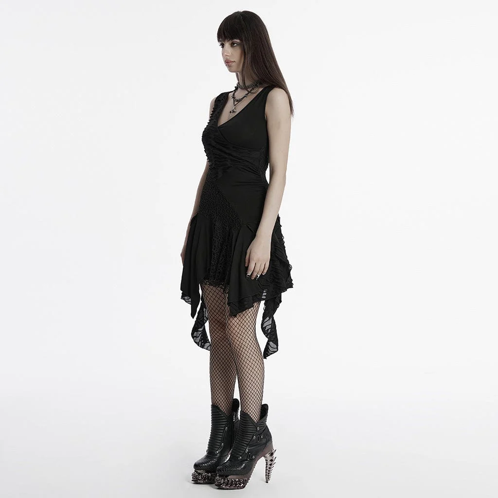 Women's Gothic Plunging Irregular Ripped Honeymoon Dress Graduation Dress Black - Image 2