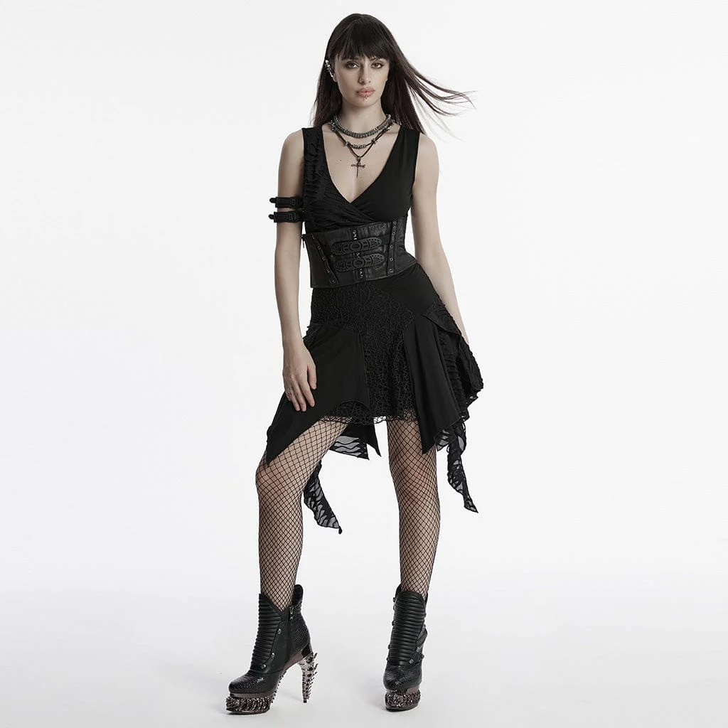 Women's Gothic Plunging Irregular Ripped Honeymoon Dress Graduation Dress Black - Image 4