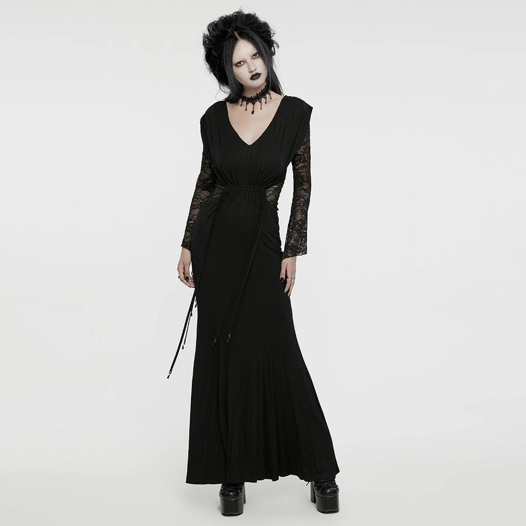 Women's Gothic Plunging Lace-Splice Drawstring Honeymoon Dress - Image 4