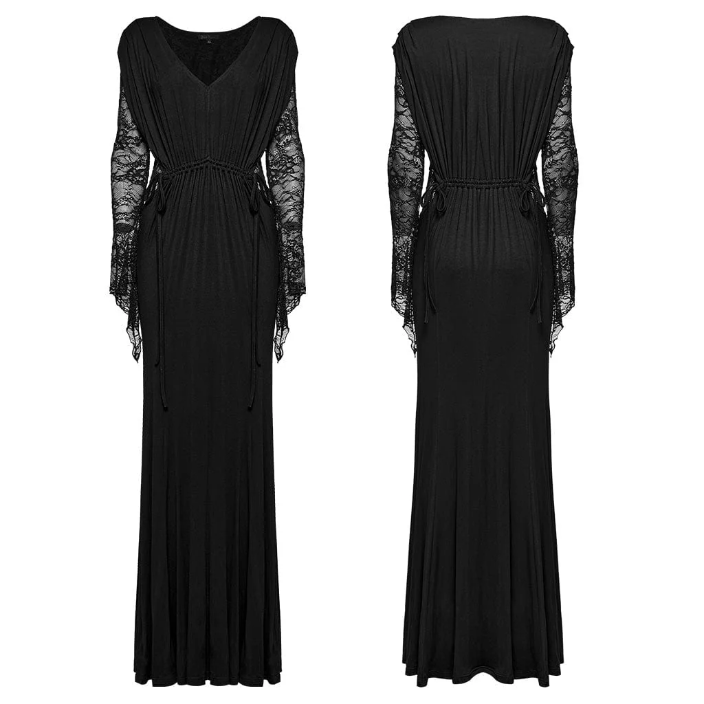 Women's Gothic Plunging Lace-Splice Drawstring Honeymoon Dress - Image 5