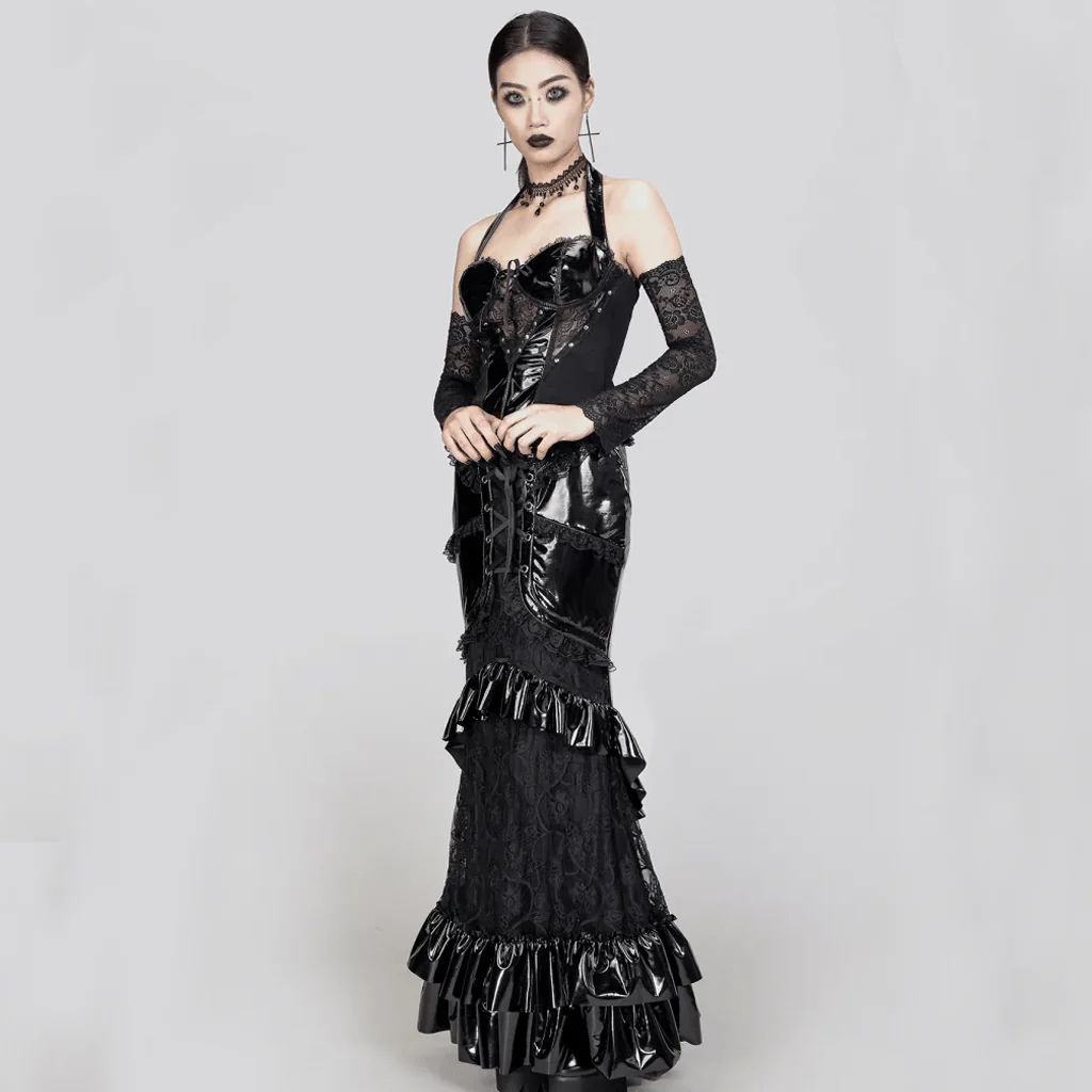 Women's Gothic Plunging Lace Splice Halterneck Vest - Image 4