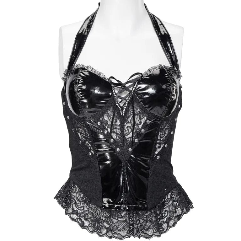 Women's Gothic Plunging Lace Splice Halterneck Vest - Image 6