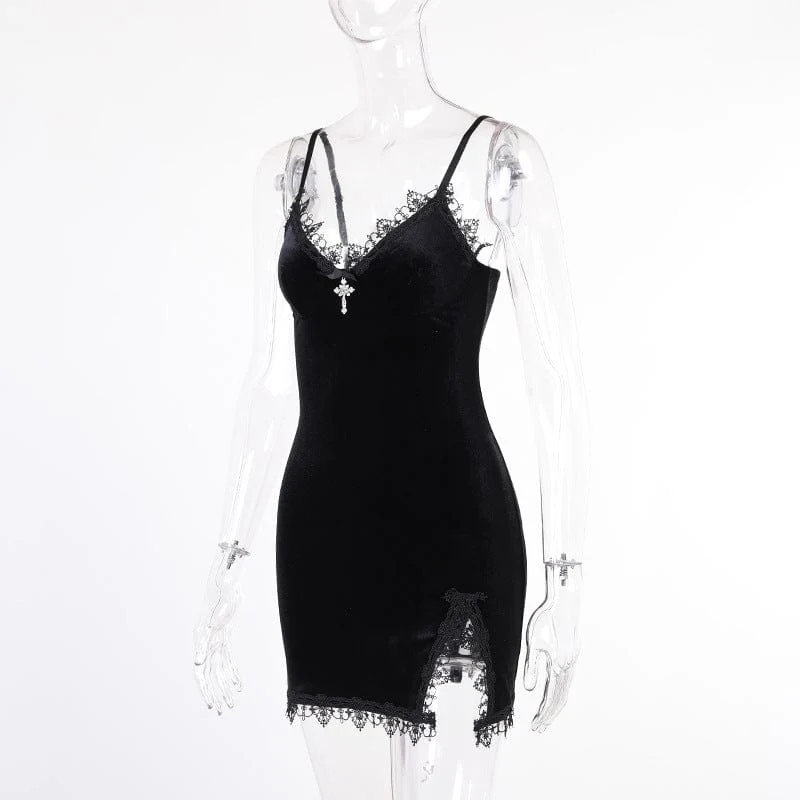 Women's Gothic Plunging Lace Splice Velvet Slip Dress - Image 7