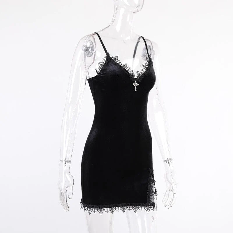 Women's Gothic Plunging Lace Splice Velvet Slip Dress - Image 8