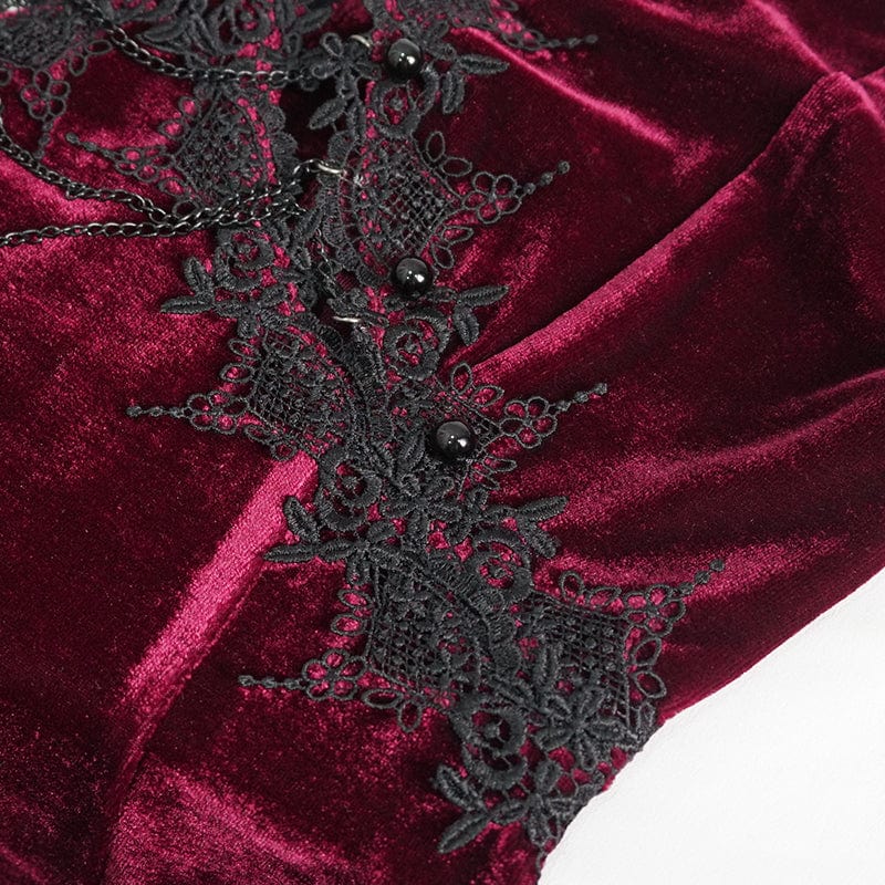 Women's Gothic Plunging Lace-up Lace Hem Slip Wedding Dress Red - Image 11