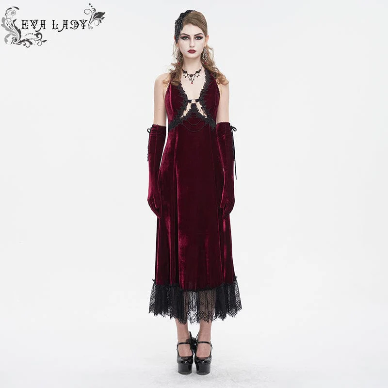 Women's Gothic Plunging Lace-up Lace Hem Slip Wedding Dress Red - Image 2