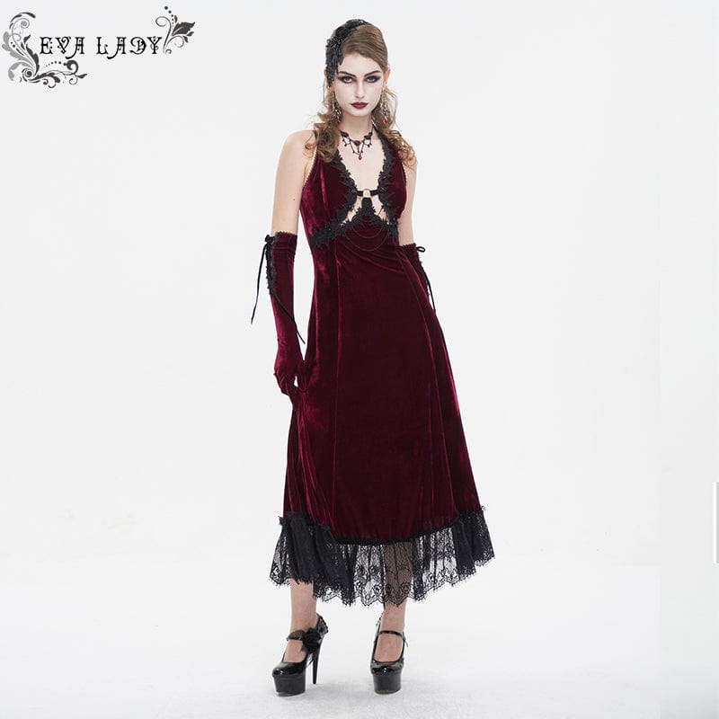 Women's Gothic Plunging Lace-up Lace Hem Slip Wedding Dress Red - Image 3