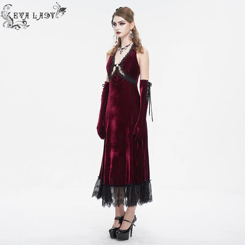 Women's Gothic Plunging Lace-up Lace Hem Slip Wedding Dress Red - Image 4