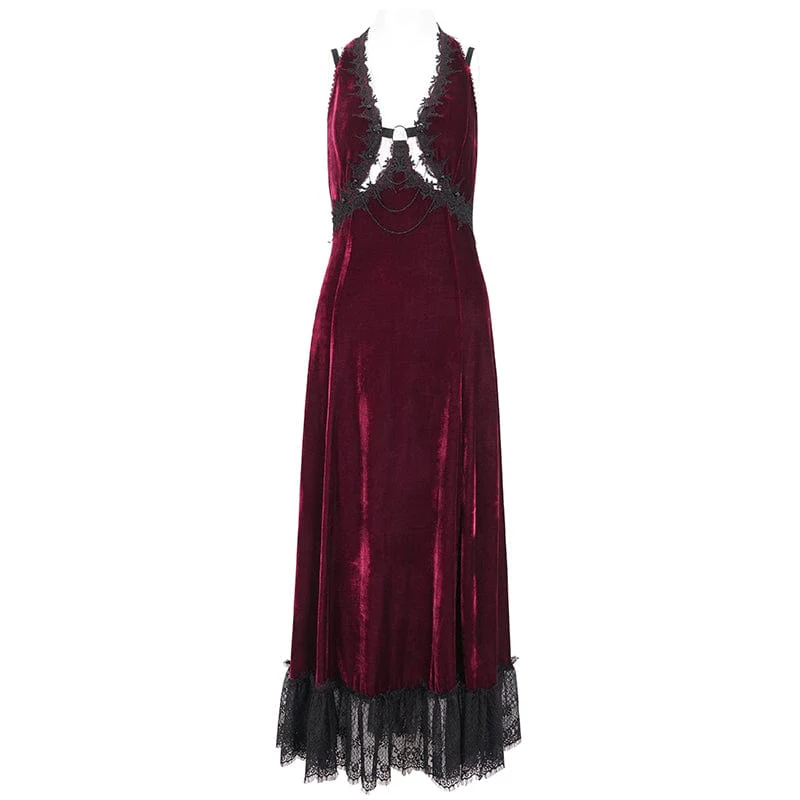 Women's Gothic Plunging Lace-up Lace Hem Slip Wedding Dress Red - Image 6