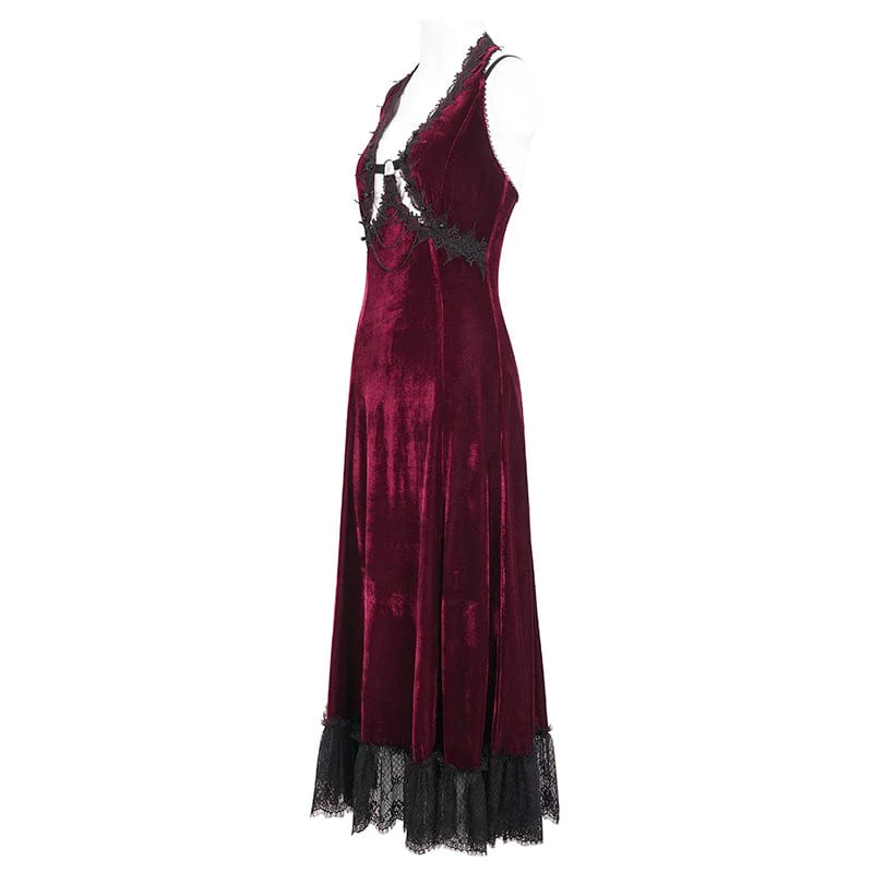 Women's Gothic Plunging Lace-up Lace Hem Slip Wedding Dress Red - Image 7