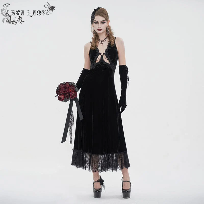 Women's Gothic Plunging Lace-up Lace Hem Slip Dress Wedding Dress Black