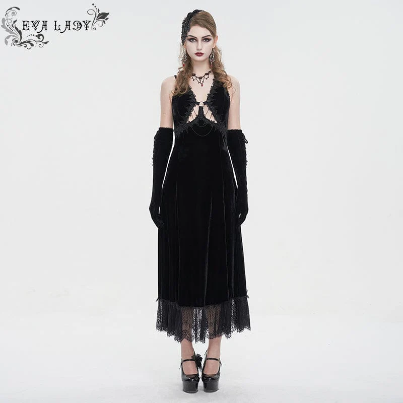 Women's Gothic Plunging Lace-up Lace Hem Slip Dress Wedding Dress Black - Image 2