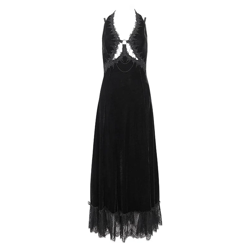 Women's Gothic Plunging Lace-up Lace Hem Slip Dress Wedding Dress Black - Image 6