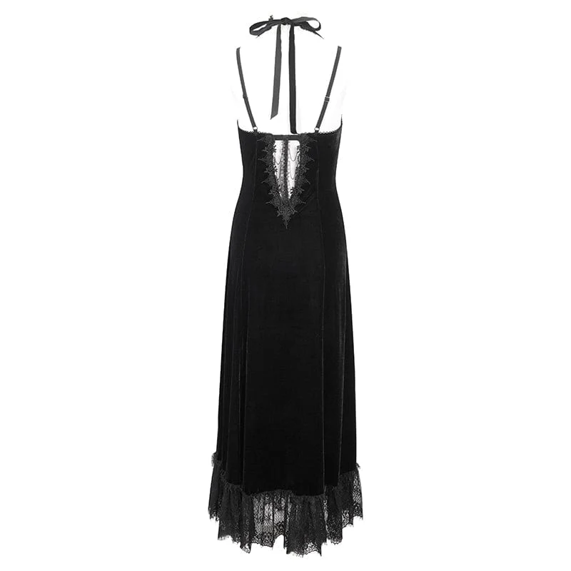 Women's Gothic Plunging Lace-up Lace Hem Slip Dress Wedding Dress Black - Image 8