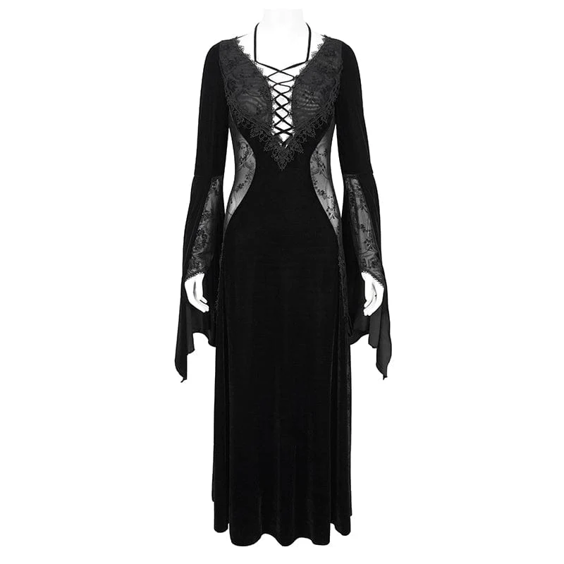 Women's Gothic Plunging Mesh Splice Velvet Wedding Dress - Image 6