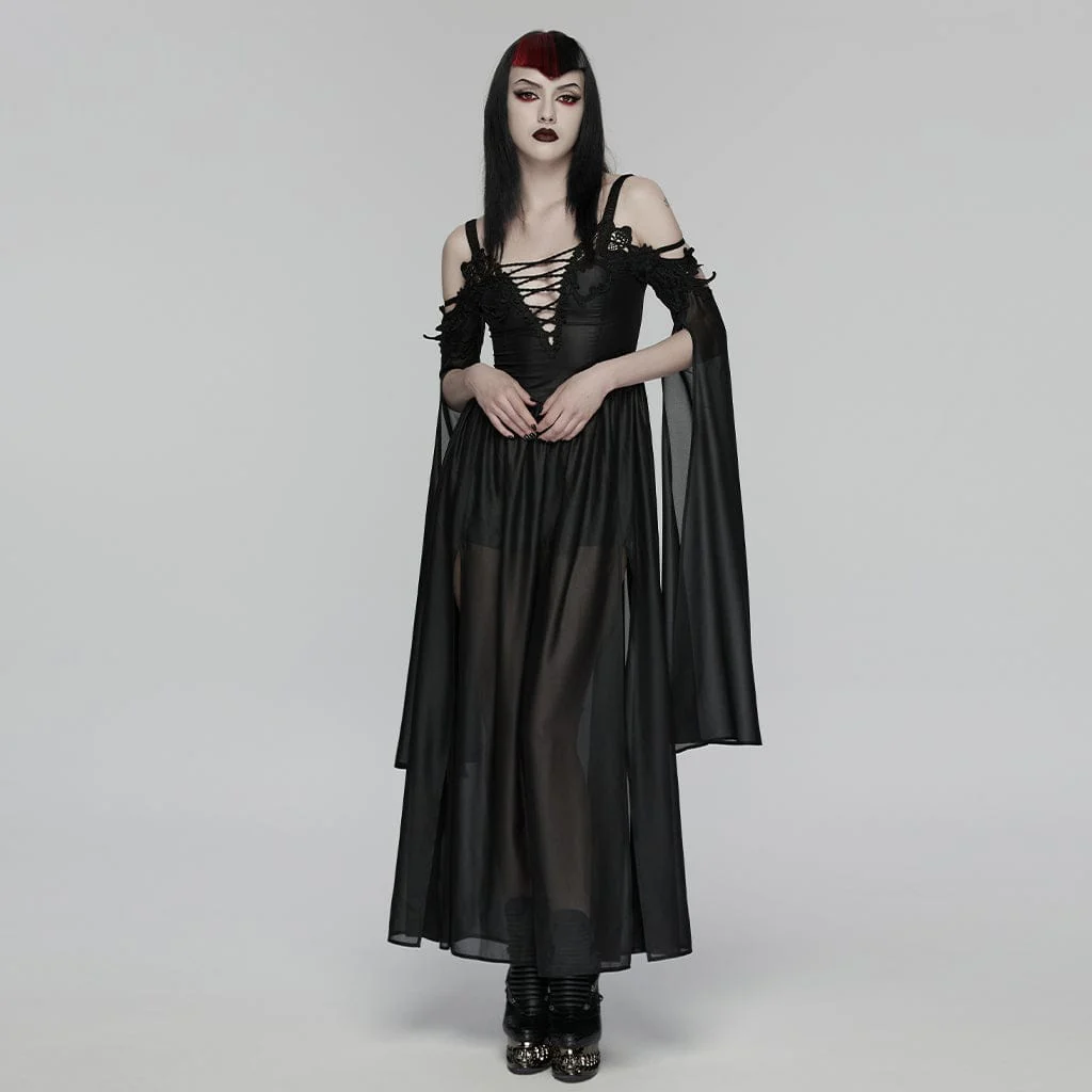 Women's Gothic Plunging Off Shoulder Maxi Dress Wedding Dress - Image 4