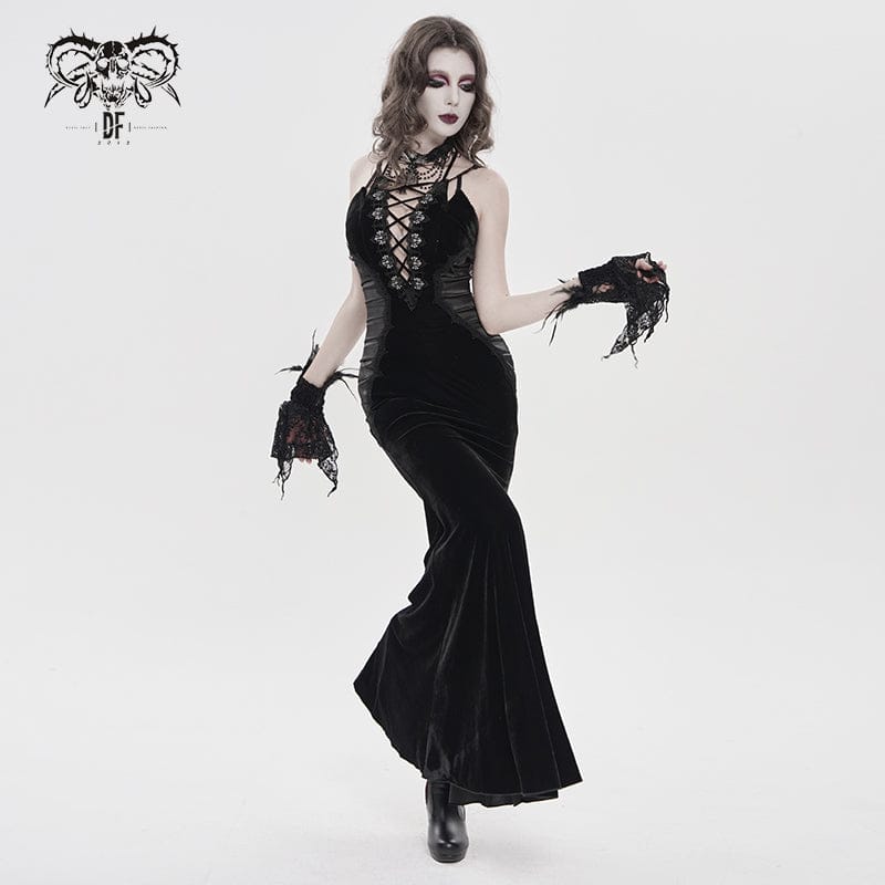 Women's Gothic Plunging Pleated Maxi Dress Wedding Dress Black - Image 3