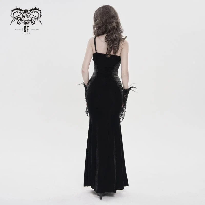 Women's Gothic Plunging Pleated Maxi Dress Wedding Dress Black - Image 5